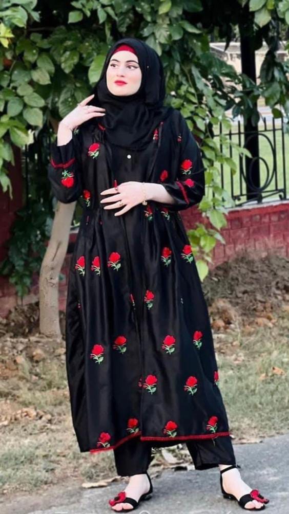 3 Pcs Women's Stitched Katan Silk Embroidered Gown Suit