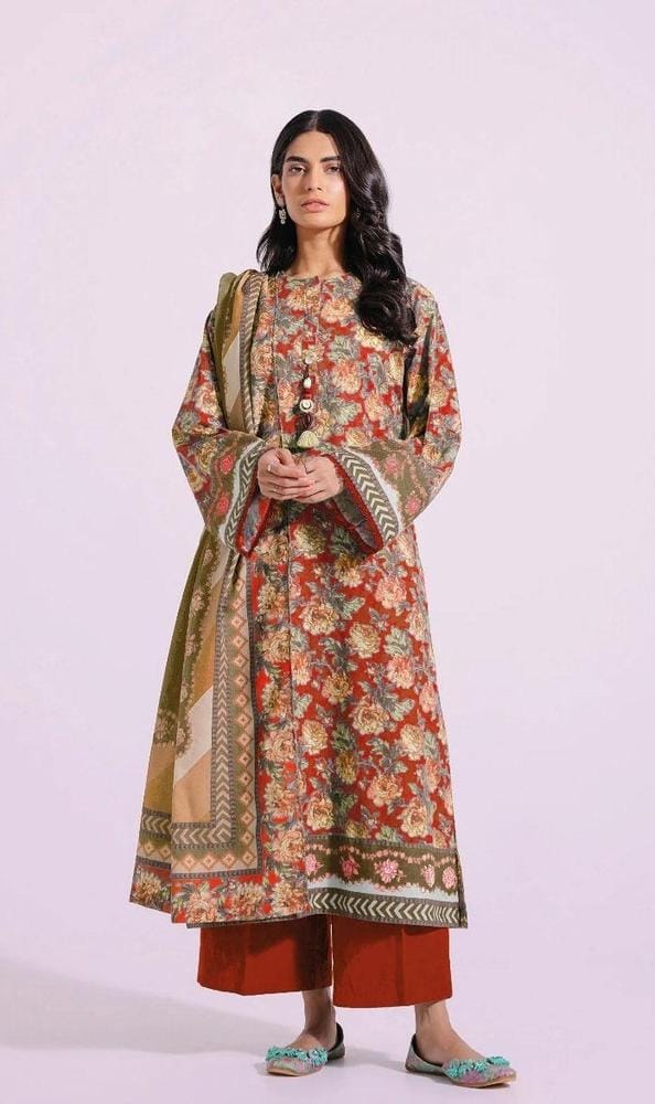 3 Pcs Women's Unstitched Khaddar Printed Suit