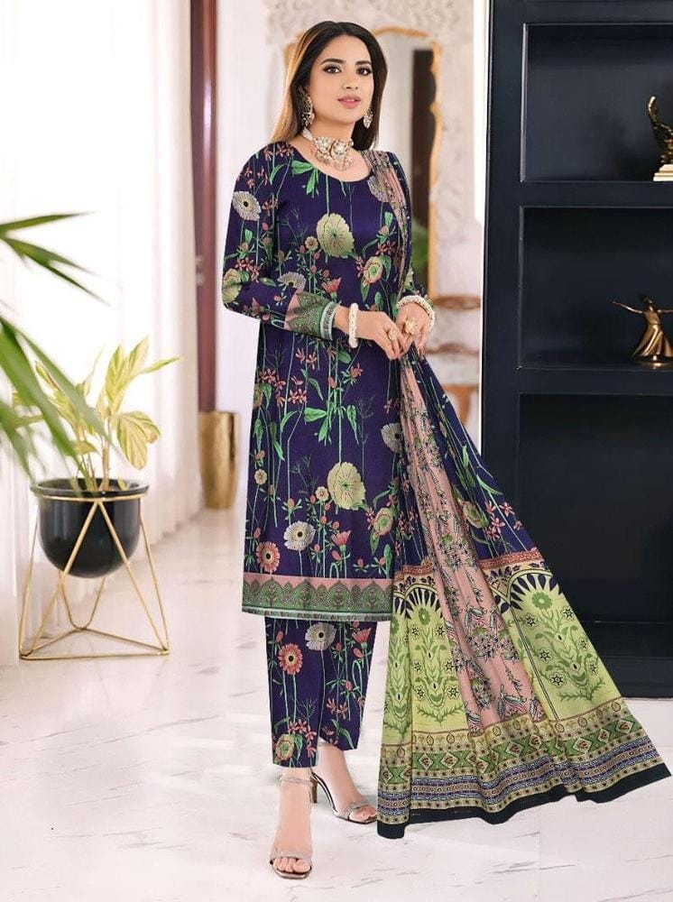 3 Pcs Women's Unstitched Khaddar Printed Suit