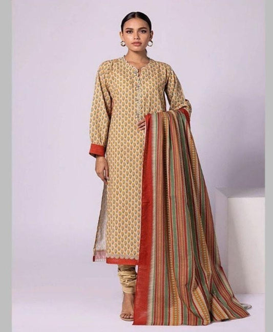 3 Pcs Women's Unstitched Karandi Printed Suit